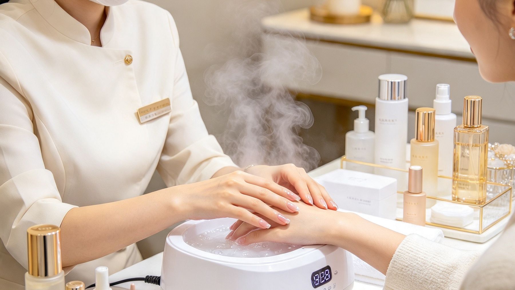A manicure in progress at a Singapore nail salon
